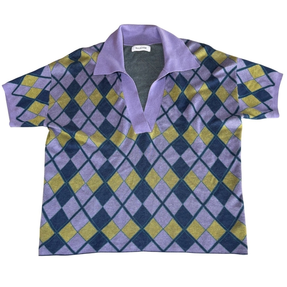 Naadam Cashmere Blend Argyle Polo Sweater Unisex Medium Preppy Lavender Knit